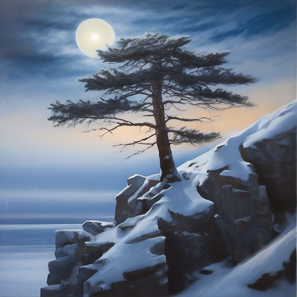 "A pine tree standing alone on a cliff in the snow. Shrouded in the ...