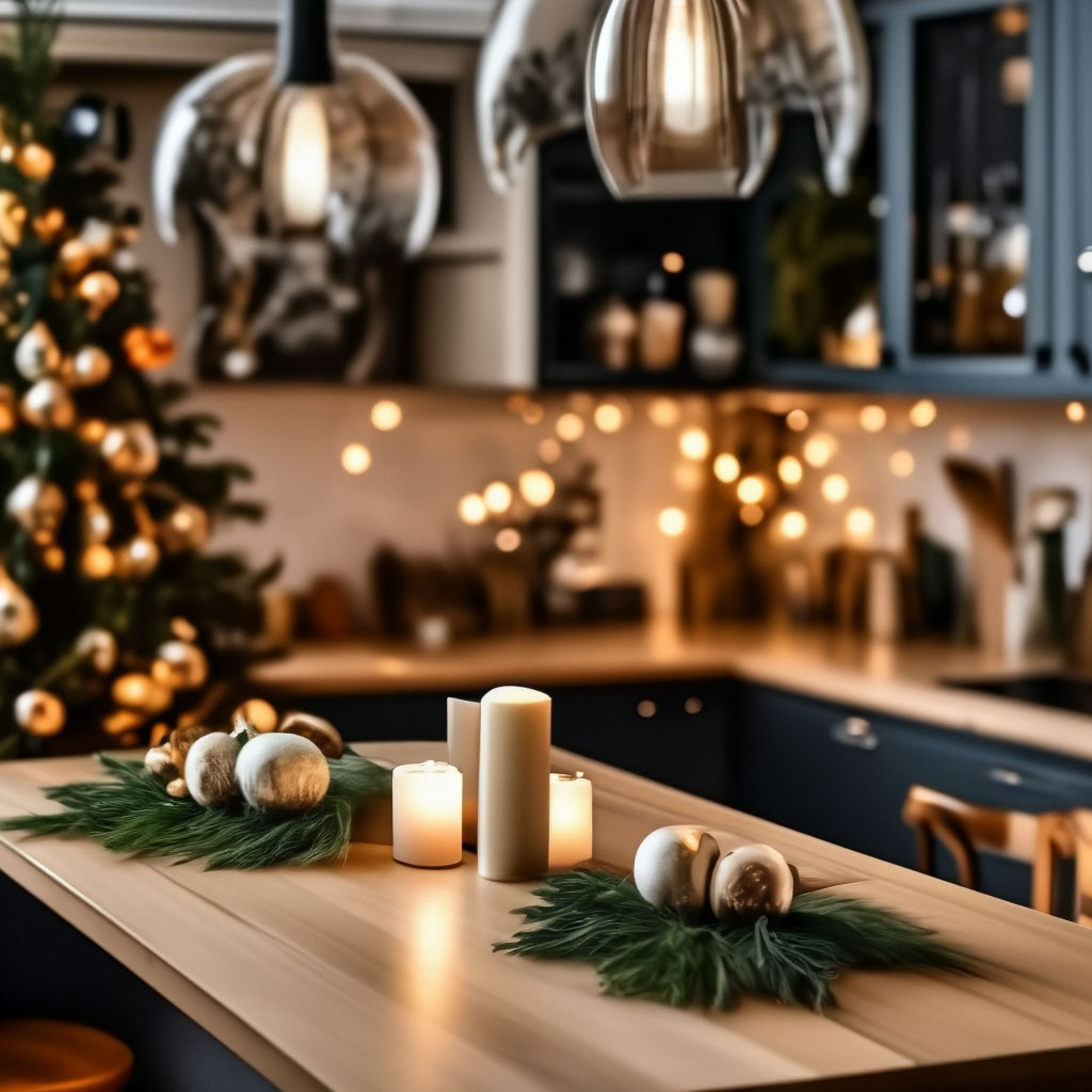 "New Year's kitchen in bright colors, decorations: lights, Christmas ...