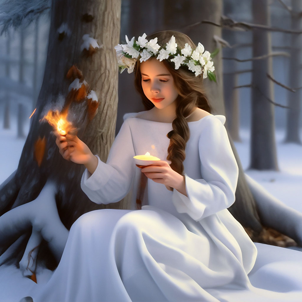 "A girl with a bright appearance and in a white dress with a wreath of ...
