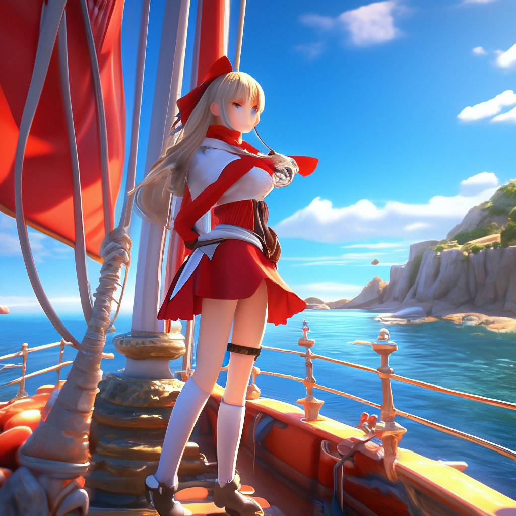 "Scarlet sails sail into the bay, there is a beautiful anime girl on ...