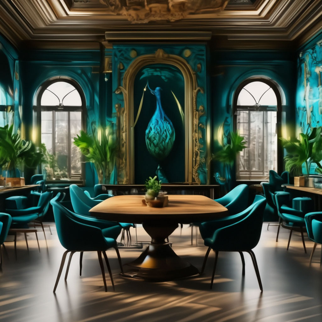 "Peacock themed office interior, glass front, lots of laptop and chairs ...