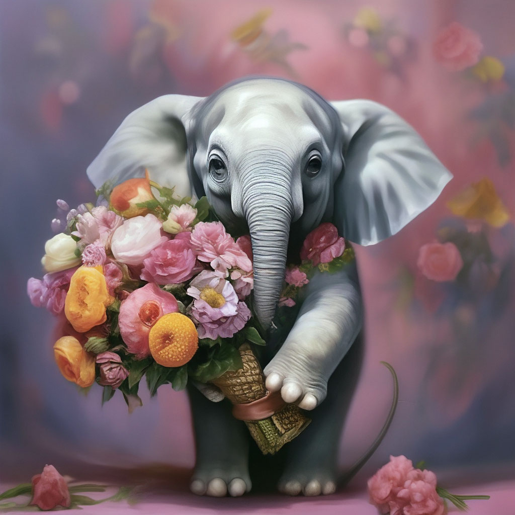 "The baby elephant is holding a huge bouquet of flowers, the head is ...