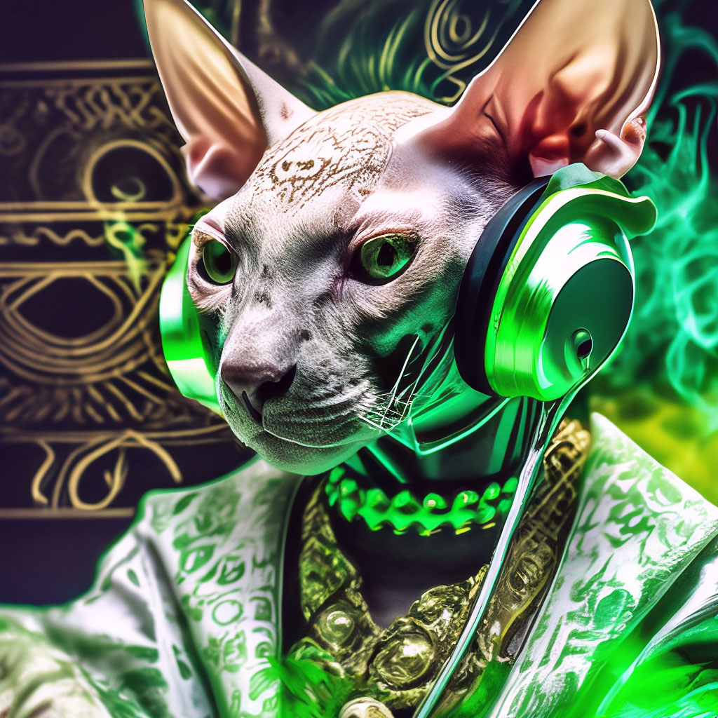 "Bald cat sphinx DJ with headphones in the style of Dolce & Gabbana ...