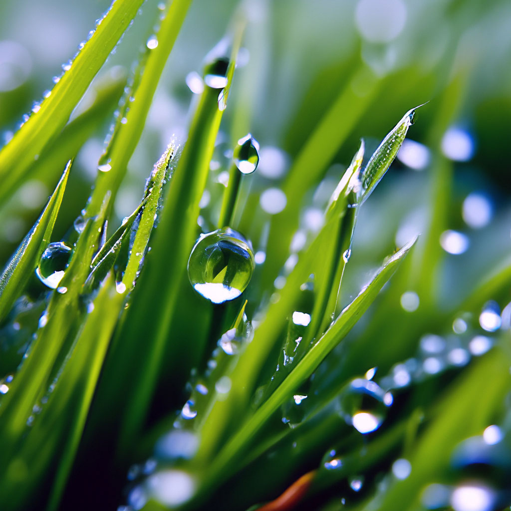 "Grass blades with dew, macro photography" — image created in Shedevrum