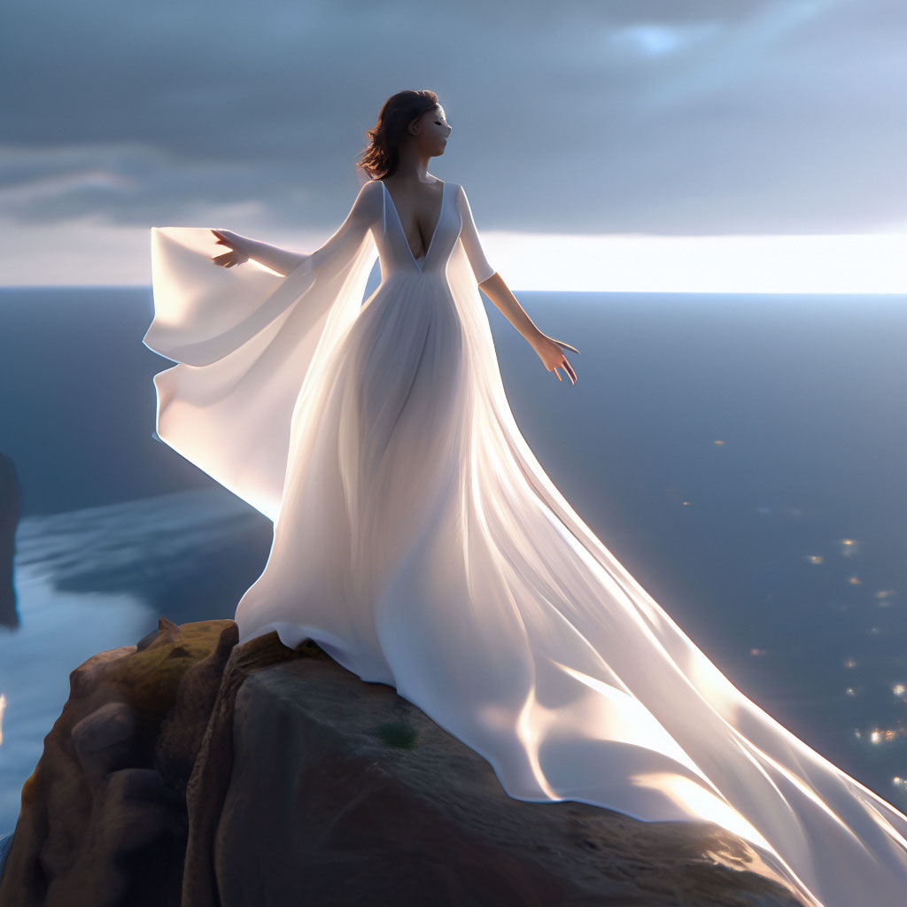 "A girl on the edge of a cliff in a white translucent dress with her ...