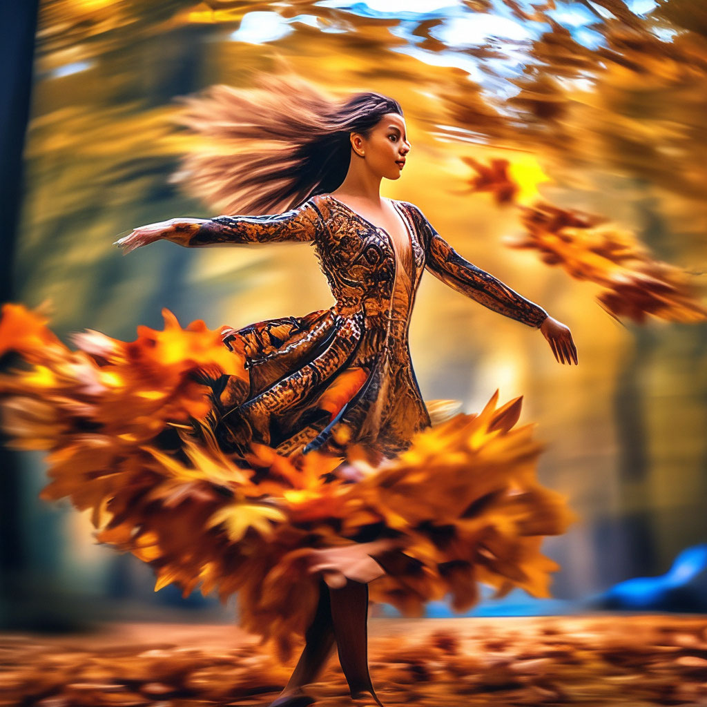 "Girl dancing in a dress made of autumn maple leaves, beautiful ...