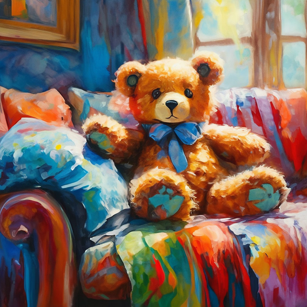 "🖌️ oil painting Teddy bear sitting on the couch high resolution, 64k ...