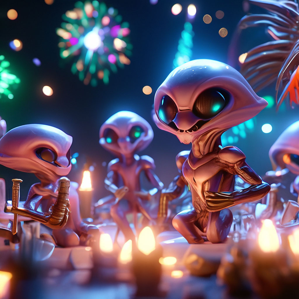 "Aliens celebrate the New Year" — image created in Shedevrum