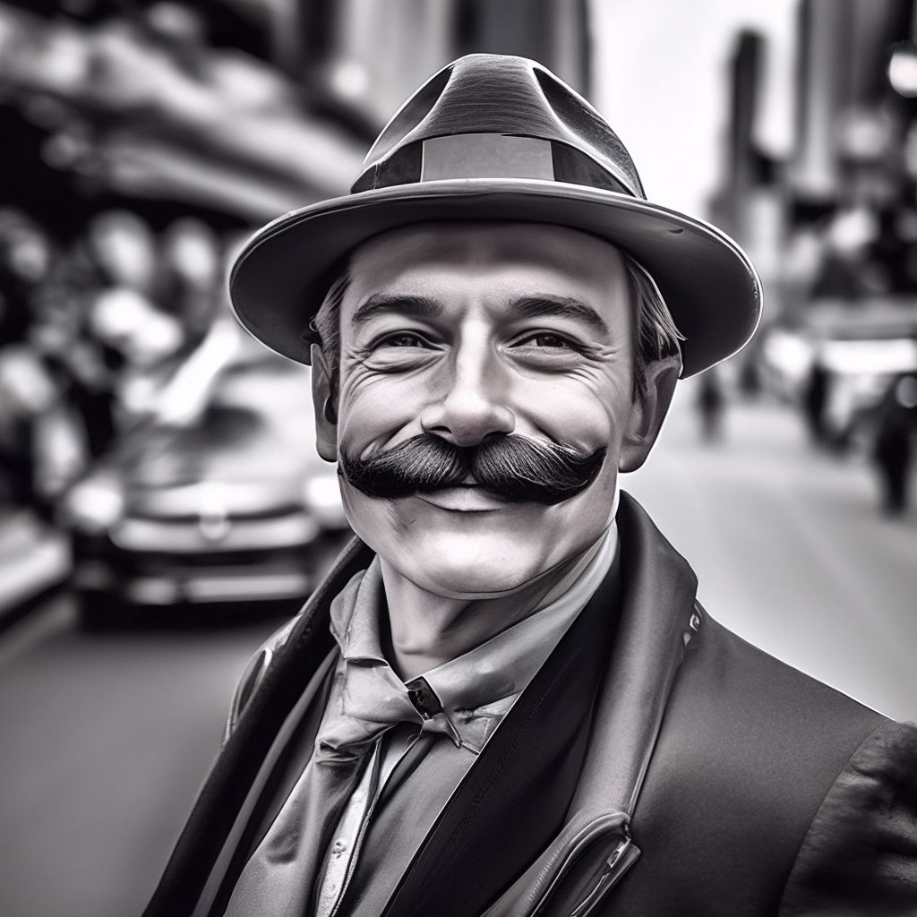 "Find a man with a mustache here" — image created in Shedevrum