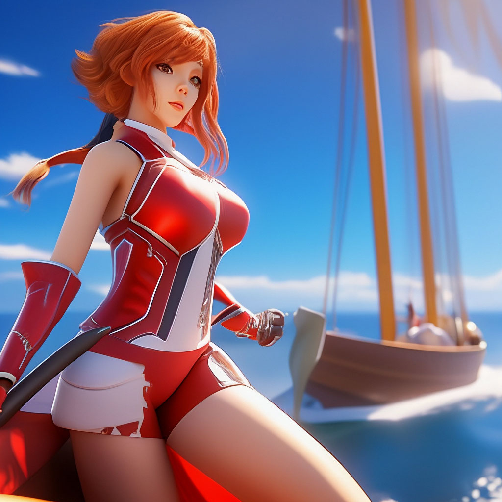"Scarlet sails sail into the bay, there is a beautiful anime girl on ...