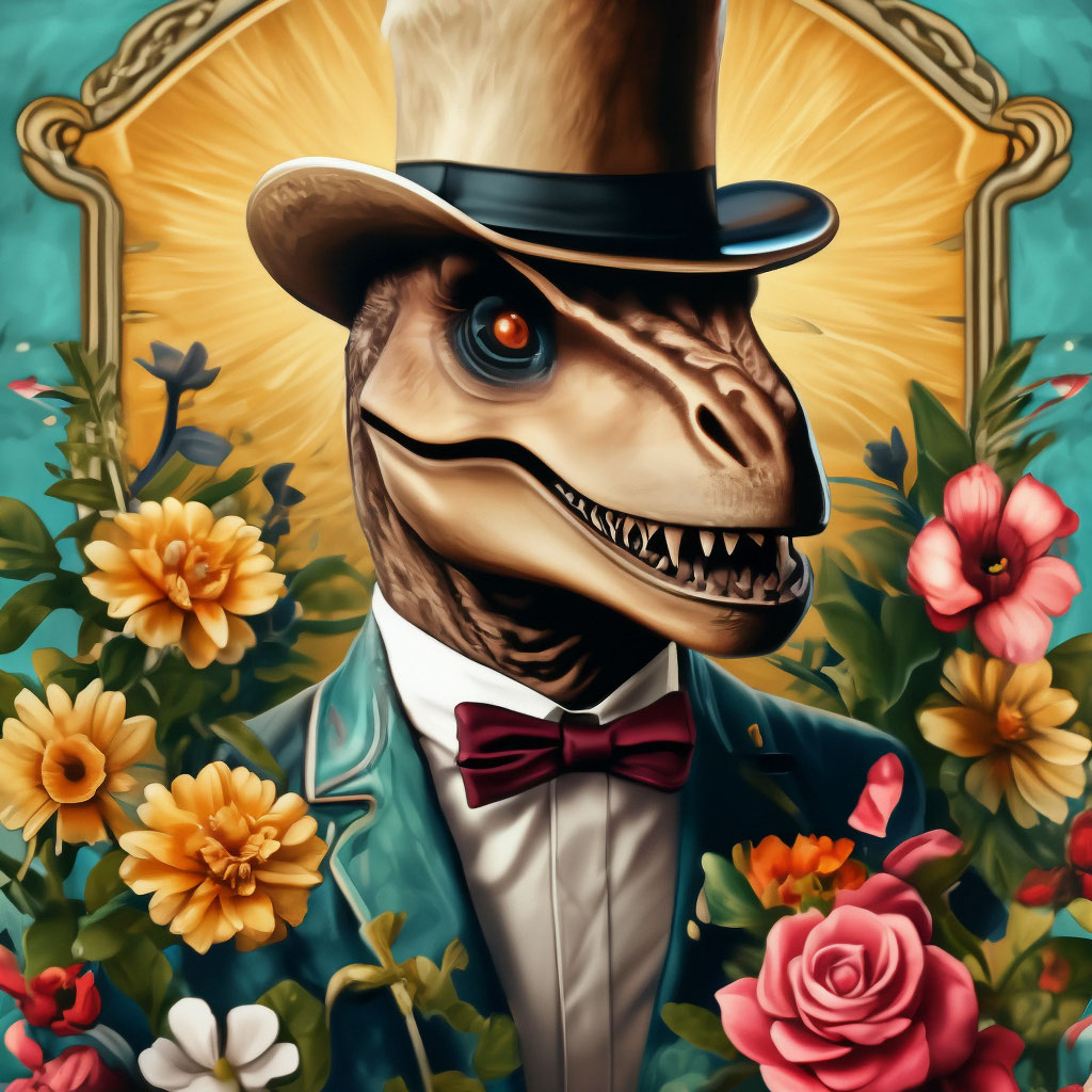 "T-shirt design of a dapper dinosaur and flowers, detailed, vintage ...