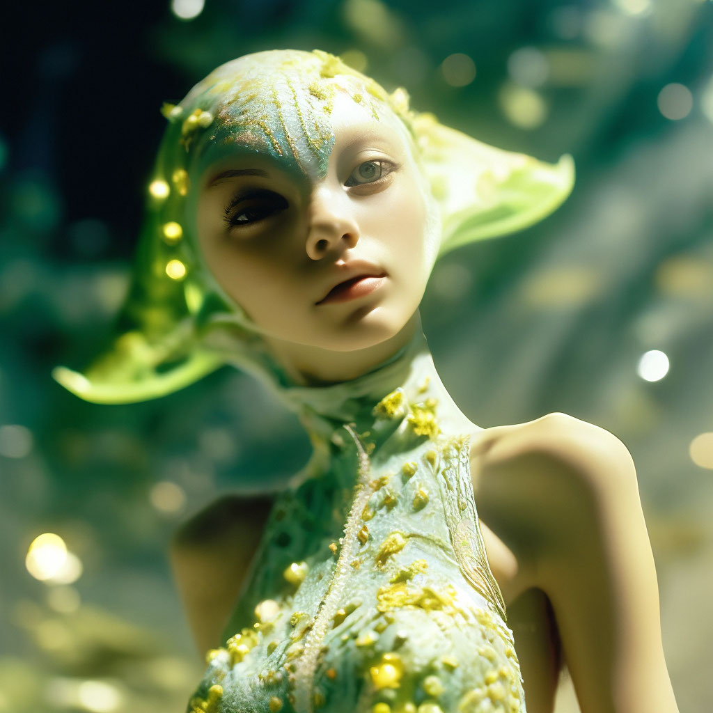 "A non-earthly cute alien girl hovers in the air, on another planet ...