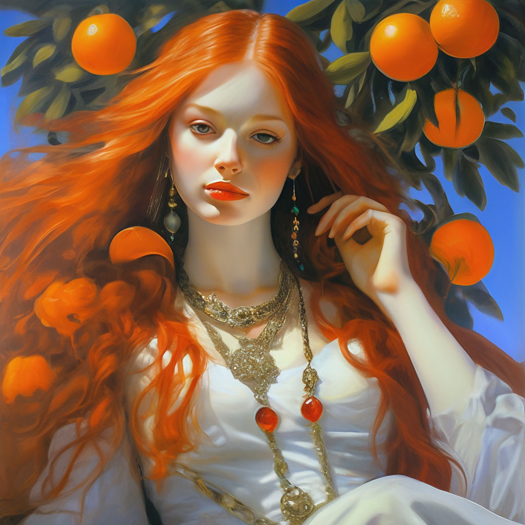 "A girl in a flowing dress sits on an orange branch,lots of details ...