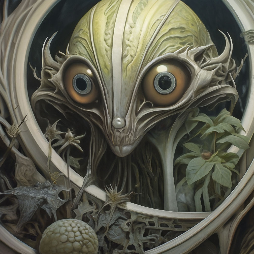 "Alien, big right eyes, engraving, color illustration, horror ...