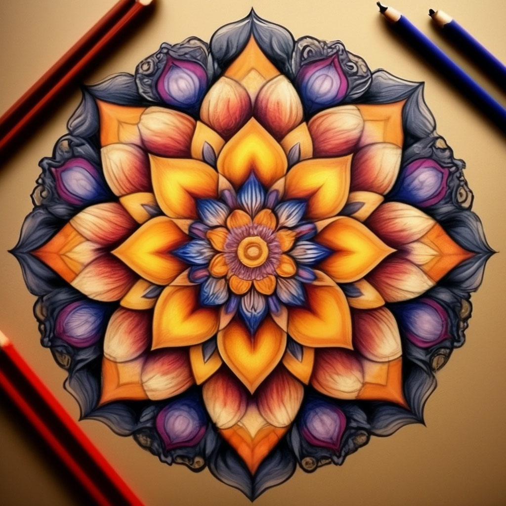 "Flower mandala drawn with colored pencils, detailed drawing" — image