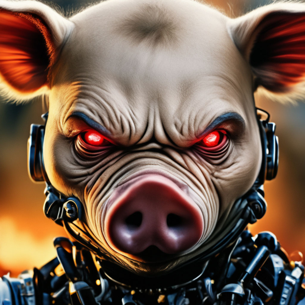 Porky Pig + Terminator symbiosis, cartoon, drawing, red eyes" — image  created in Shedevrum