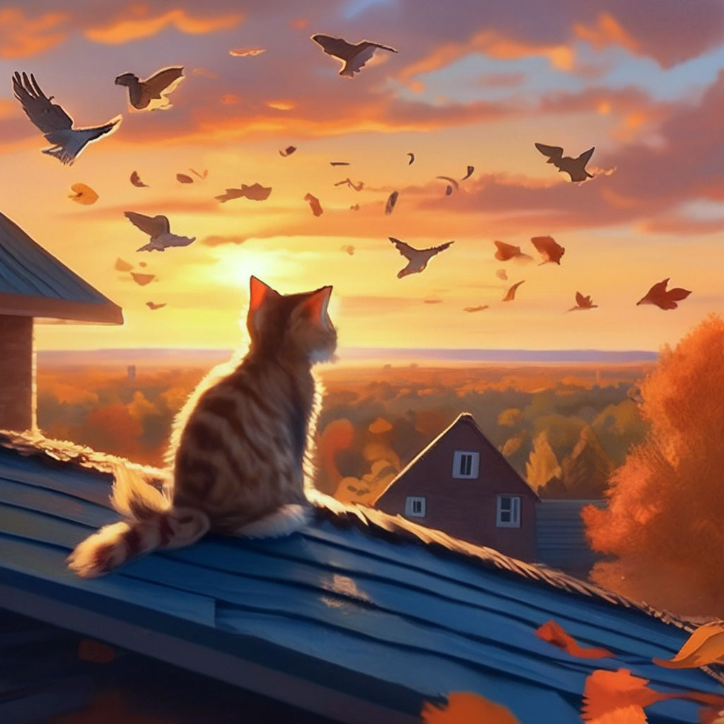 "A kitten sits on the roof of a house during sunset and watches the ...