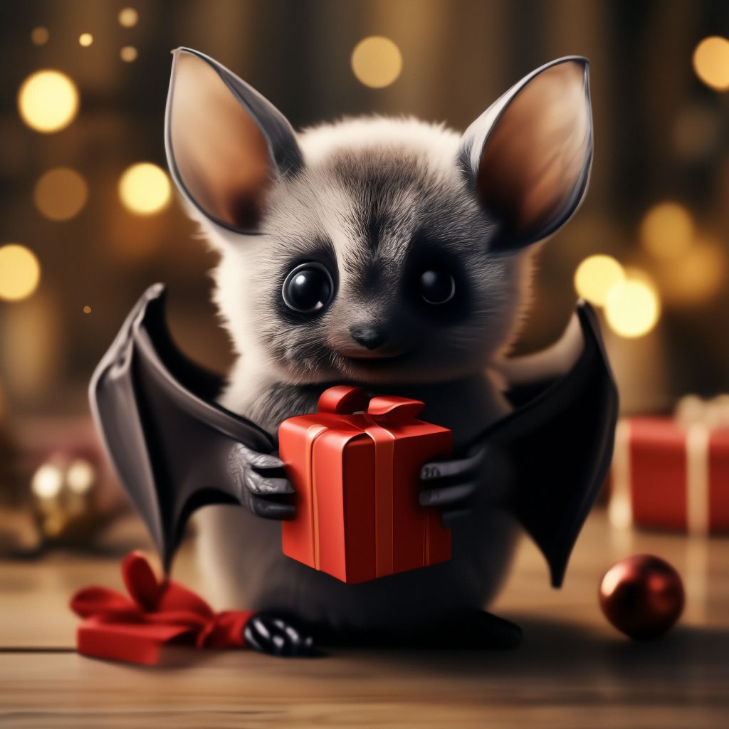 "A cute fluffy bat with a gift in its paws" — image created in Shedevrum