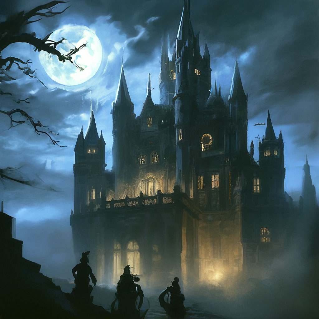 "Gothic painting of an ancient castle at night, with a full moon ...