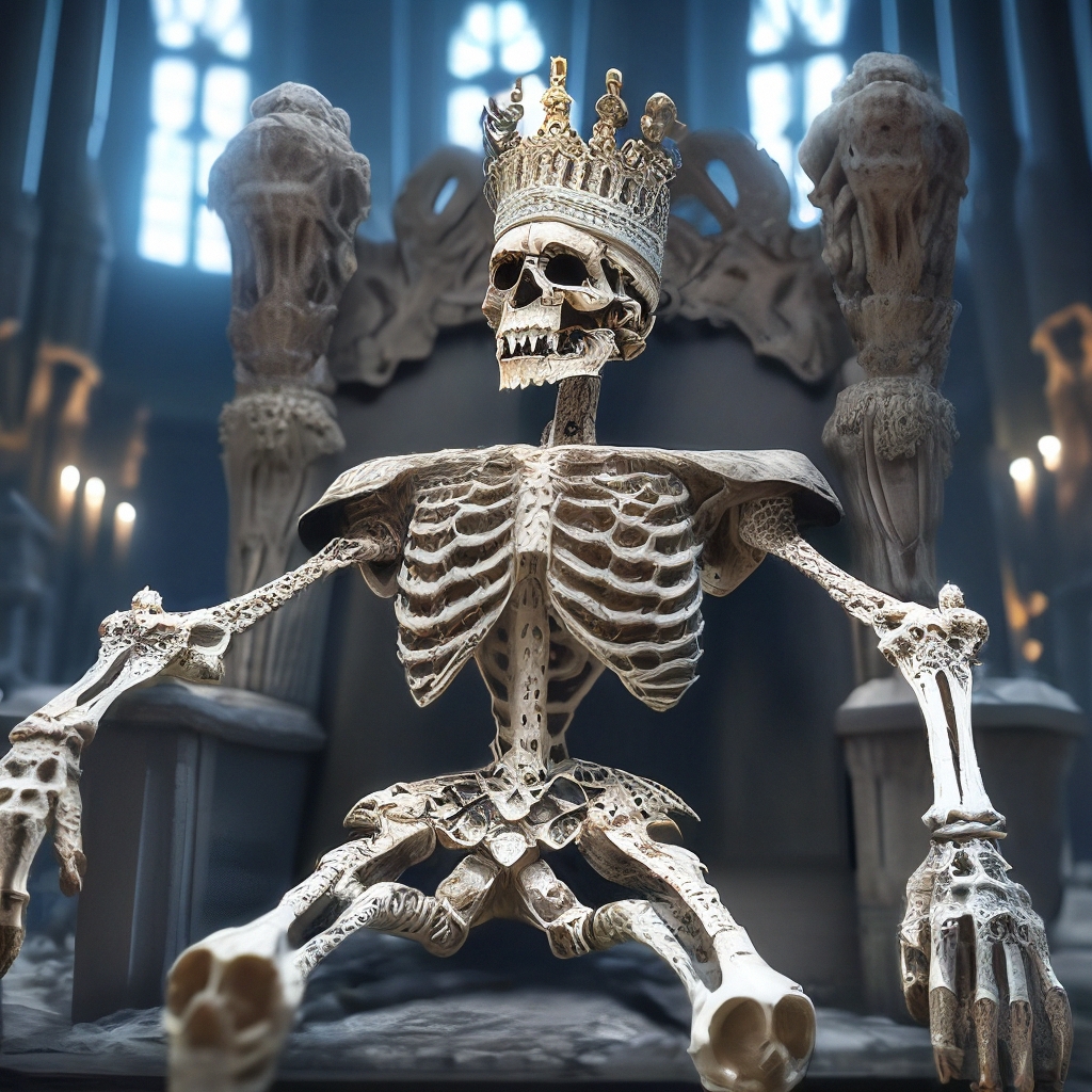 Skeleton king with crown on a throne of bones in a castle, hyper ...