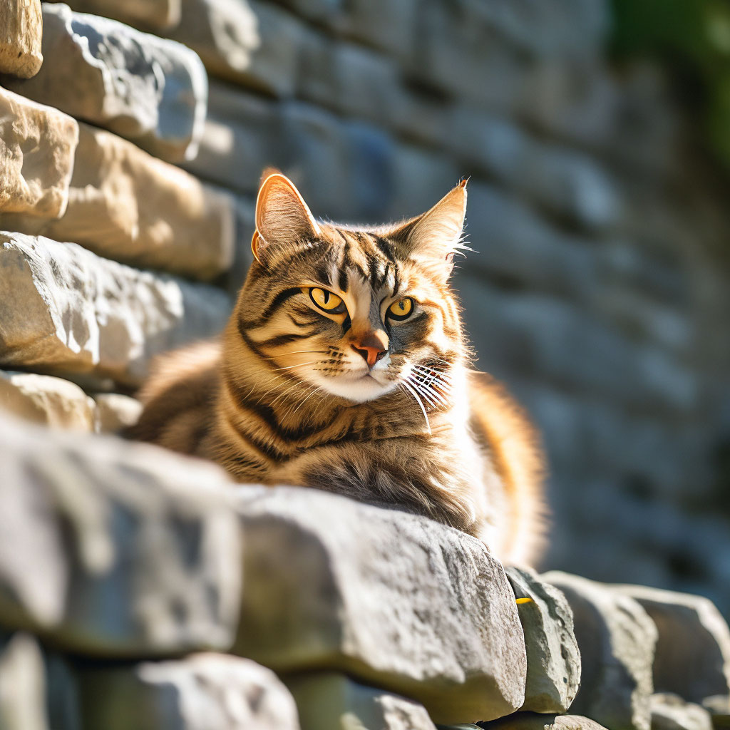 "A photo of a cat sitting comfortably on a stone wall in sunny daylight ...