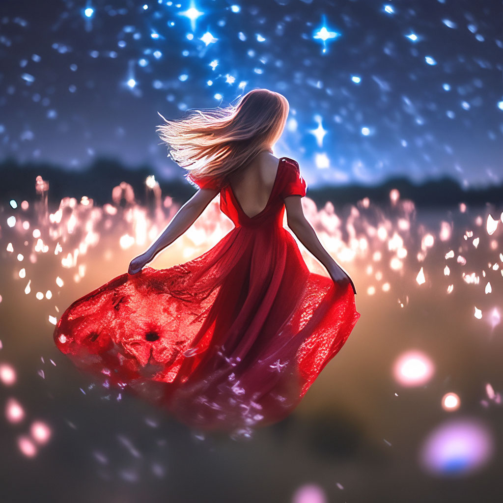 "Portrait of a girl in the red very long dress is dancing in a field ...