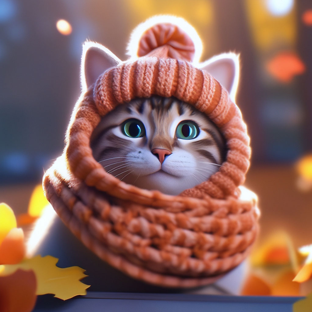 "Cute cat in a cozy hat and scarf, warms paws, expressive eyes, autumn ...