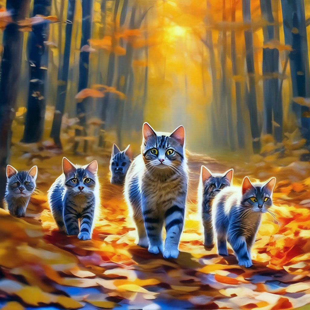 "A beautiful cat walks through the autumn forest and leads kittens ...