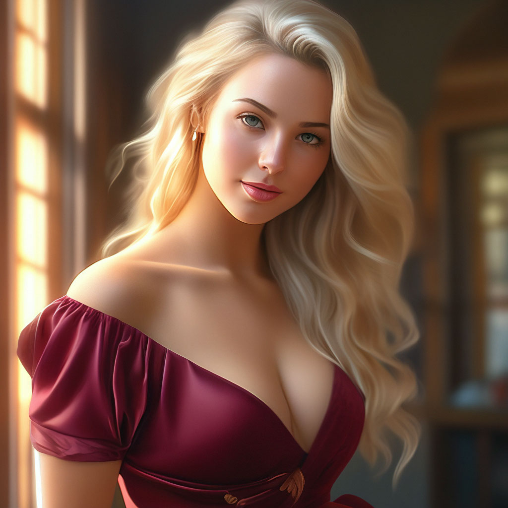 Beautiful blonde girl in burgundy dress,lumen,professional  photo,beautiful,3d, realistic,64k, high resolution, high"  image created  in Shedevrum
