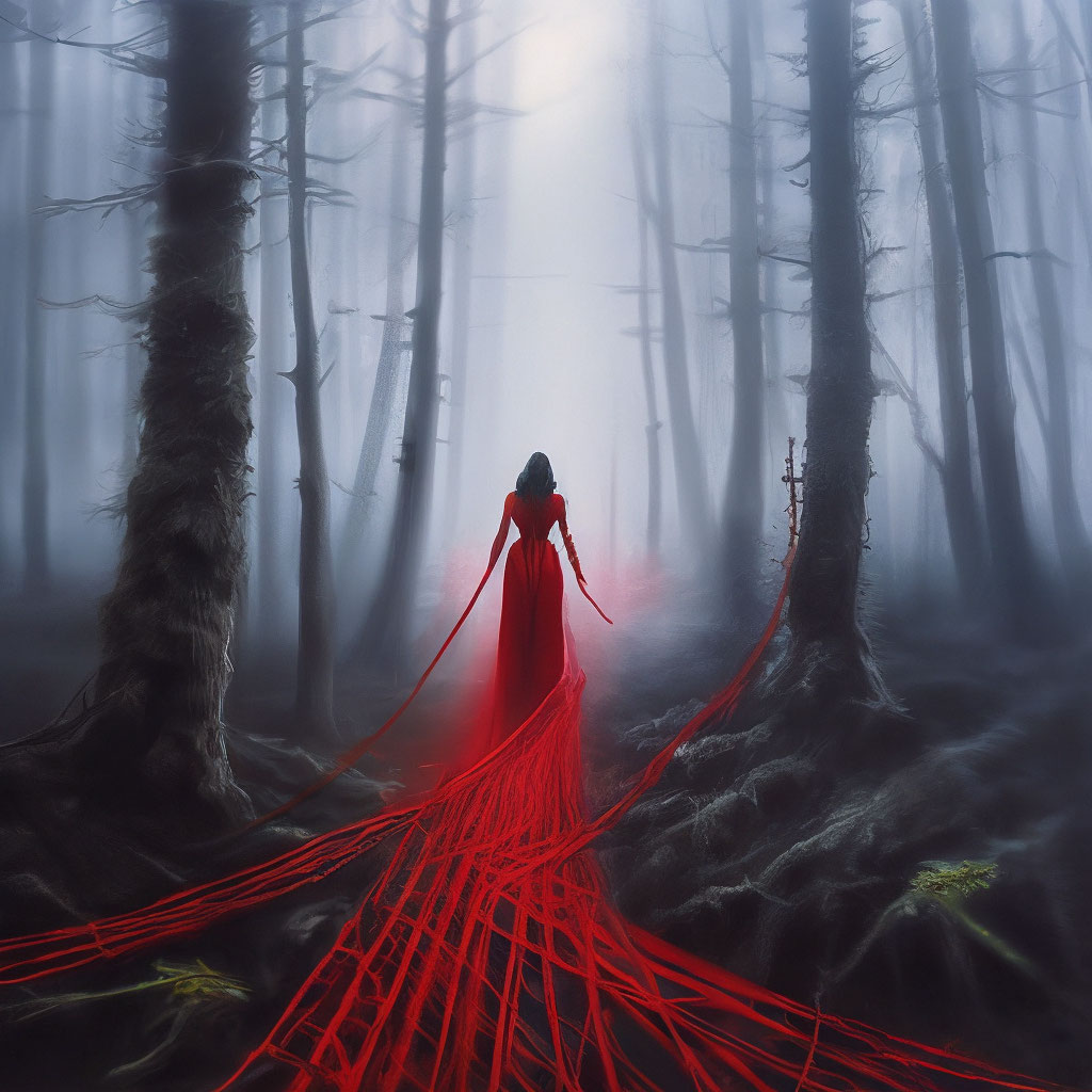 "Ariadne's red thread through the dark gloomy forest, fog" — image ...