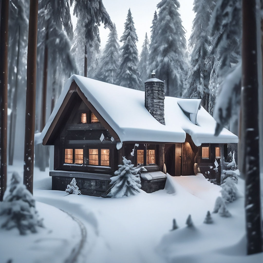 "Winter house in the middle of the forest completely covered with snow ...