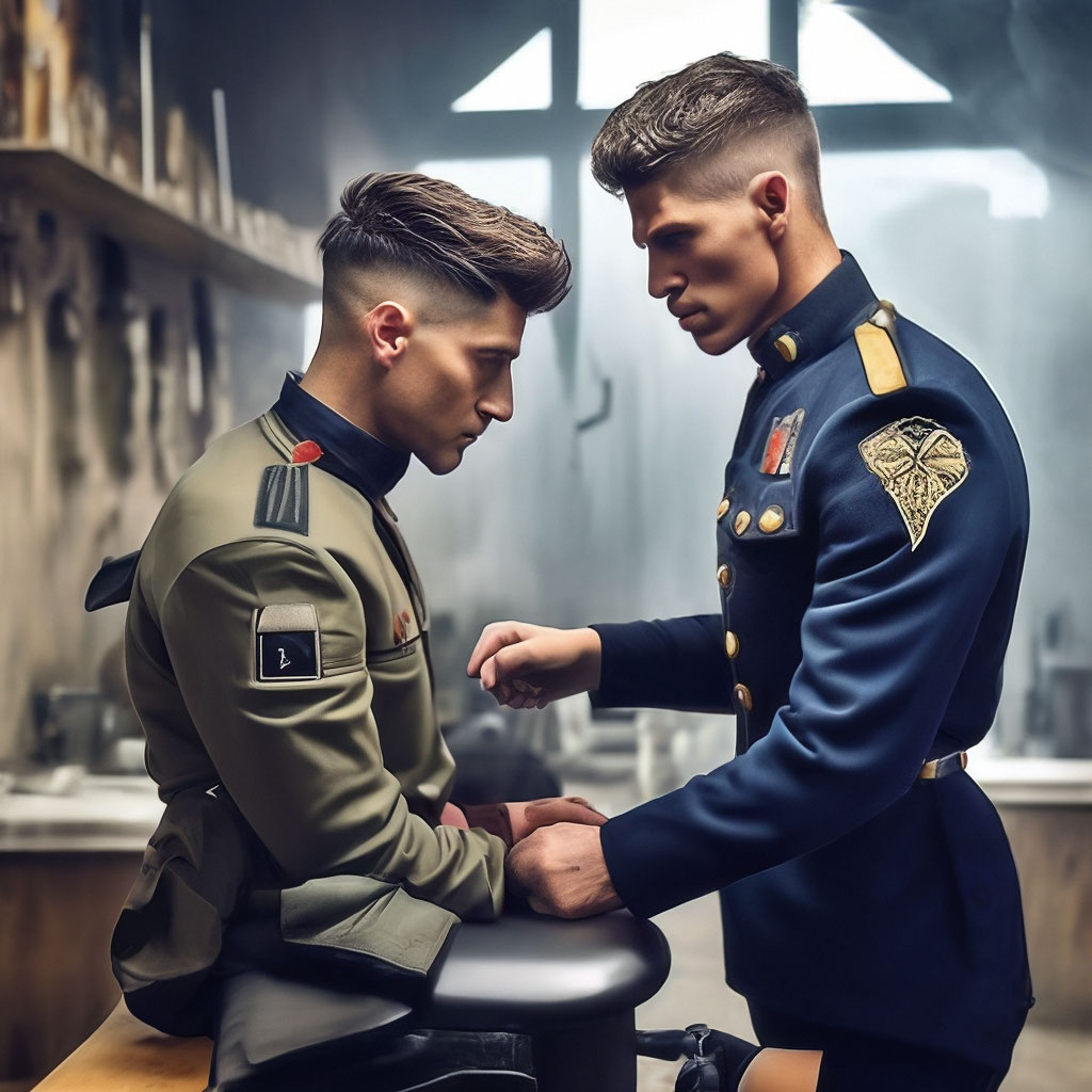 "A hairdresser gives a fashionable haircut to a handsome young man in ...