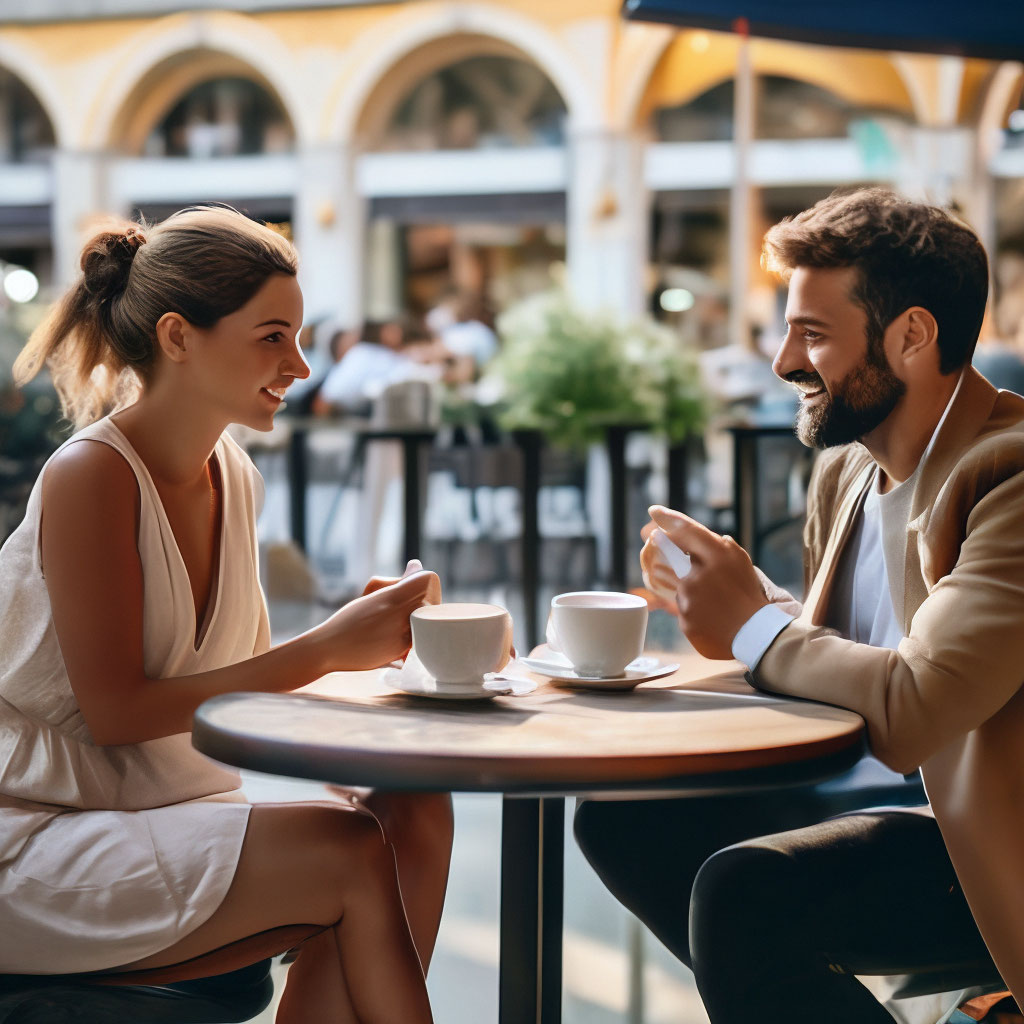 "A man and a woman are sitting at a table in an outdoor cafe, holding ...