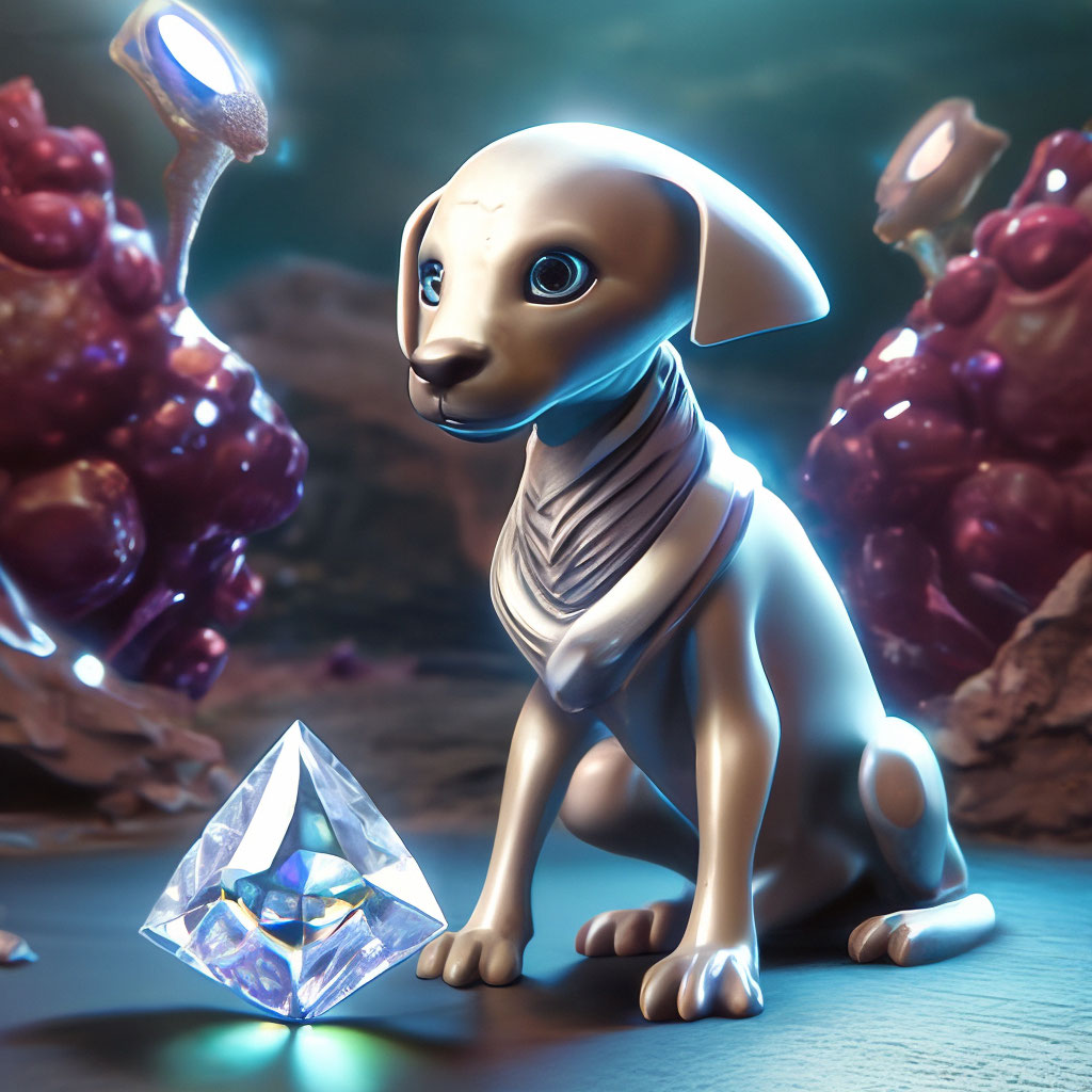 "An alien dog steals a diamond" — image created in Shedevrum