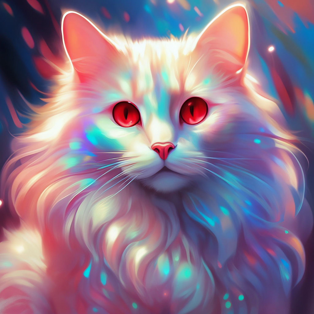 "Fluffy cat with pearl iridescent fur and red eyes art" — image created ...