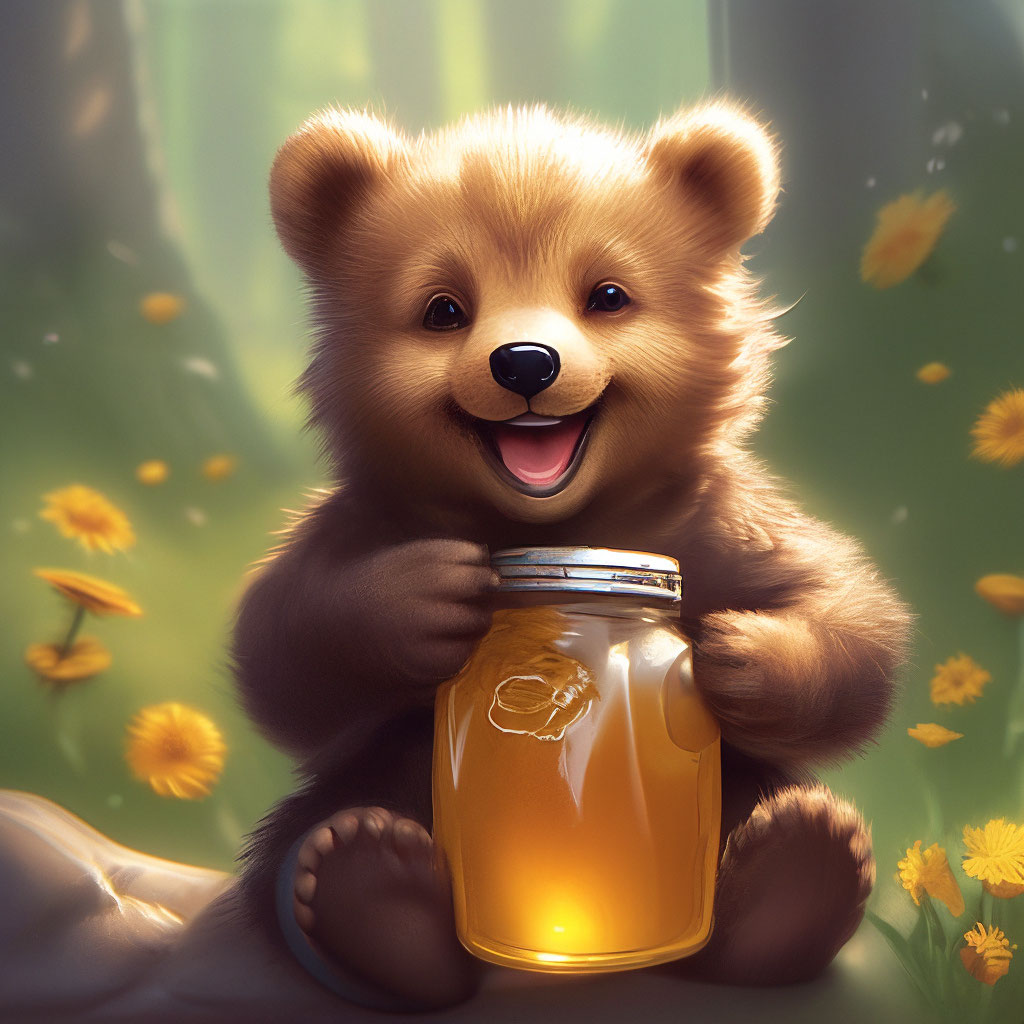"A bear cub with a jar of honey is smiling" — image created in Shedevrum