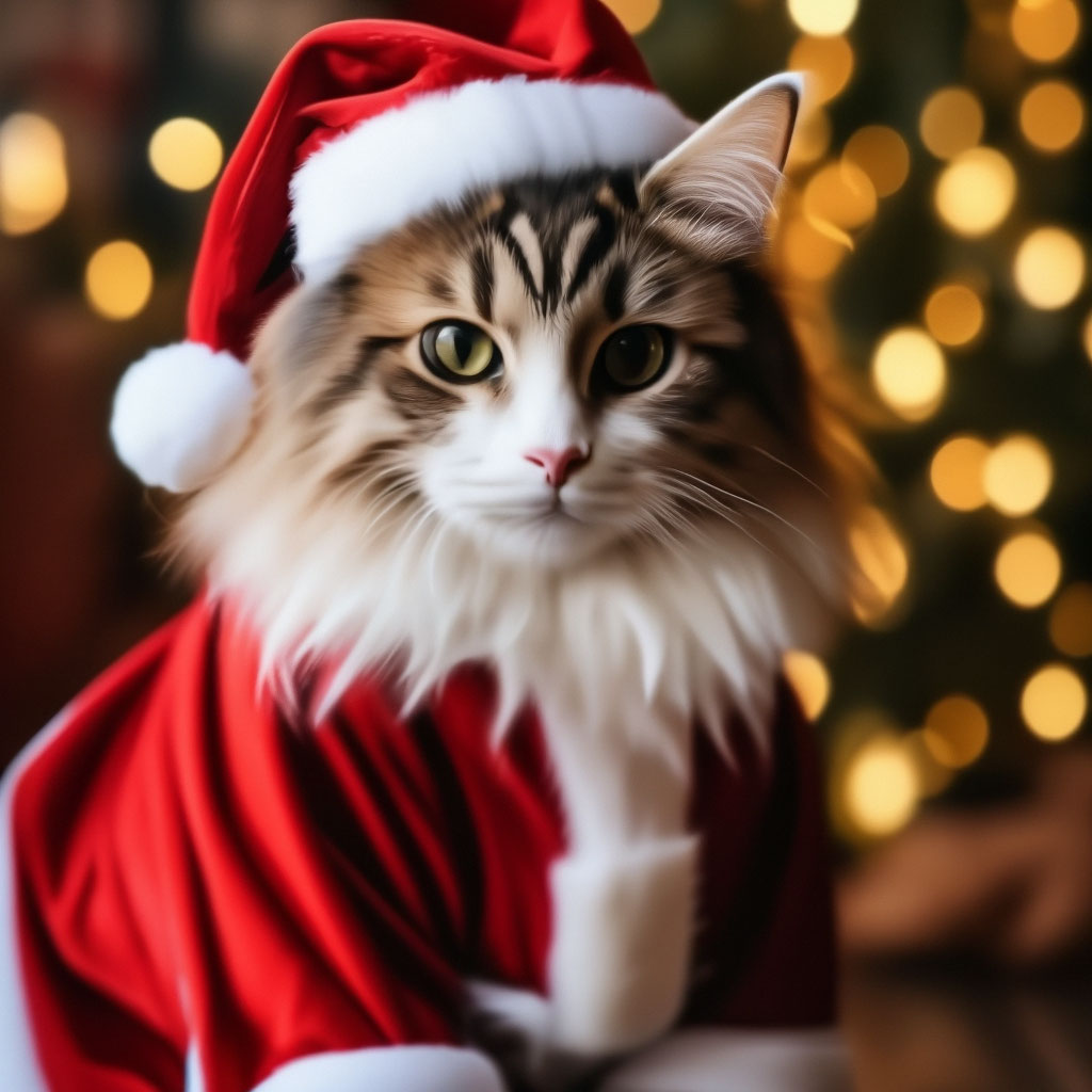 "A cat in a Santa Claus costume+The Christmas tree is beautifully cute ...
