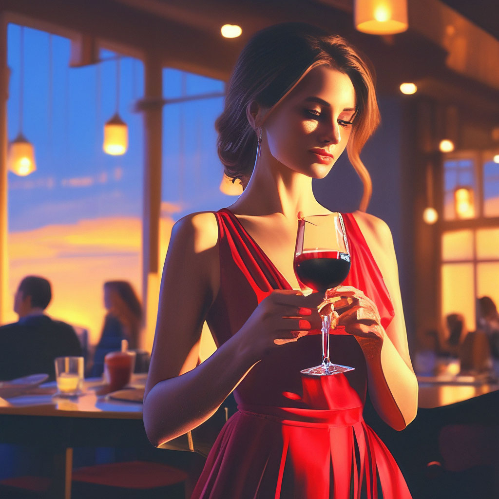 "A beautiful girl in a red dress in a restaurant in her hands has a ...
