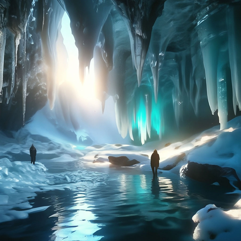 "Alien landscape, deep cave with stalactites and stalagmites, cold ...