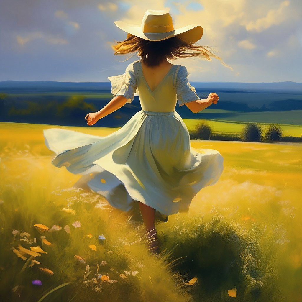 "A girl in a beautiful dress and hat runs into the field" — image ...