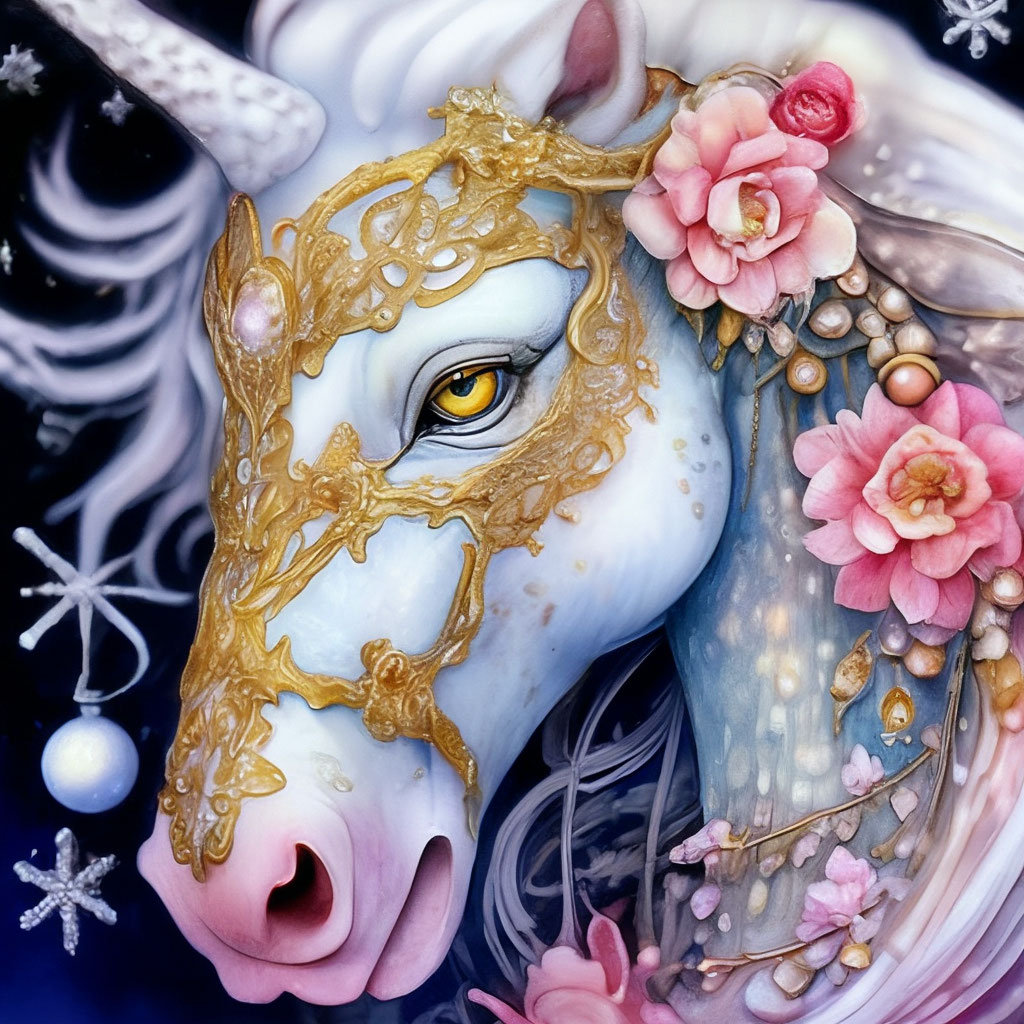 "Watercolor, black-gilt ink,ink drawing,4k, hyper-colored alien horse ...