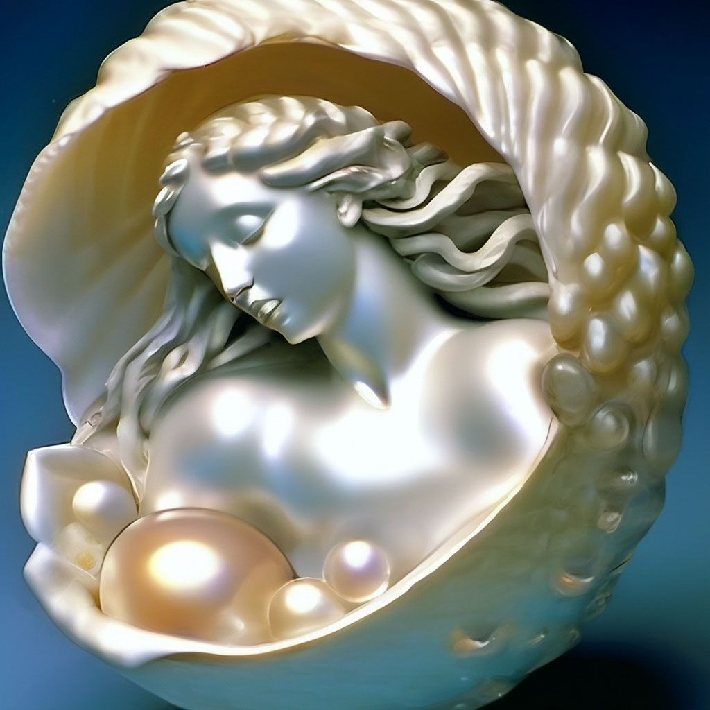 "Aphrodite emerging from the sea foam from a mother-of-pearl pearl ...