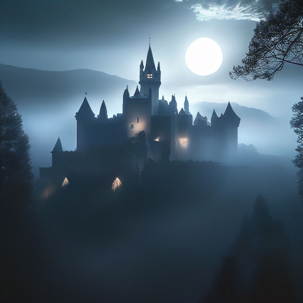"Medieval castle in gothic style, night, full moon, fog, dark forest ...