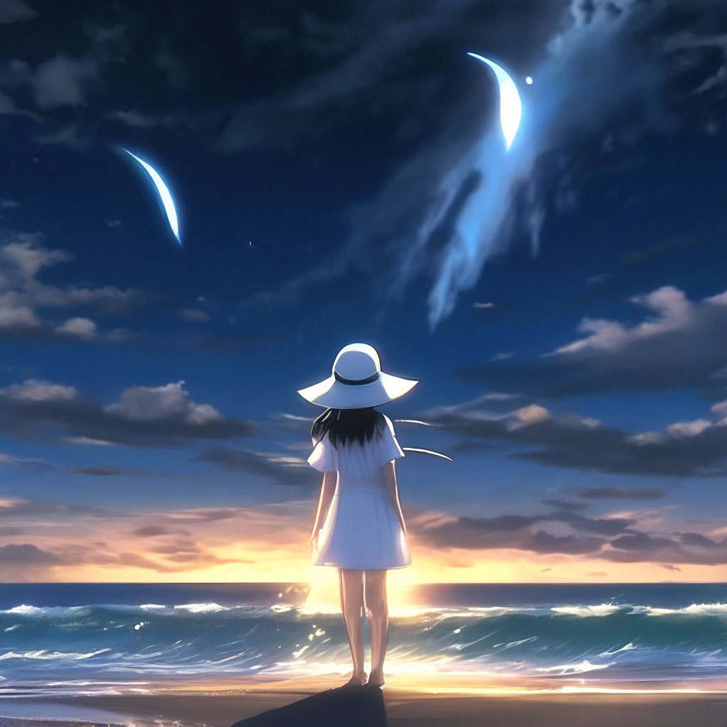 "A wide-brimmed white hat on a girl standing by the seashore in the ...