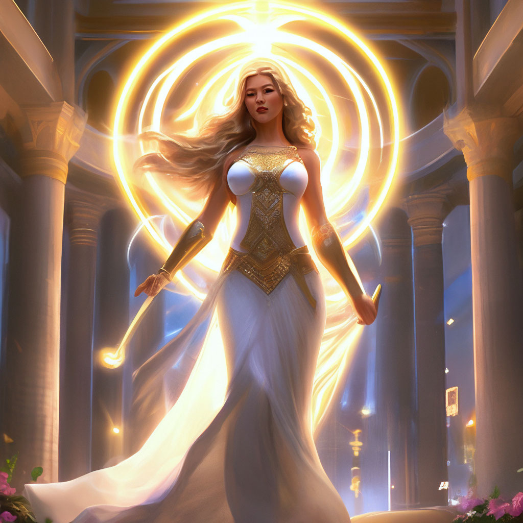 "The goddess of love Aphrodite in a white light dress goes to a meeting ...
