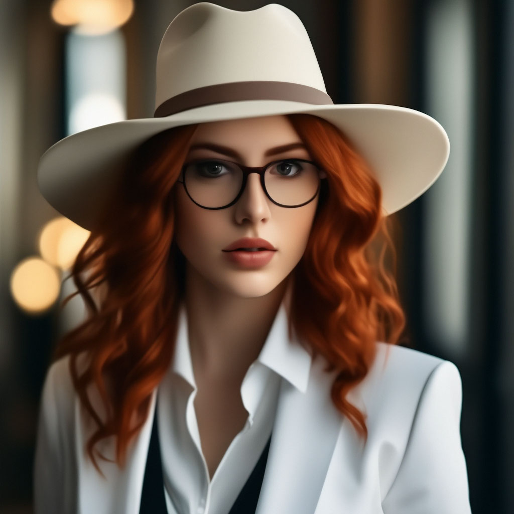 "A beautiful girl with medium red hair in a white hat, black glasses ...