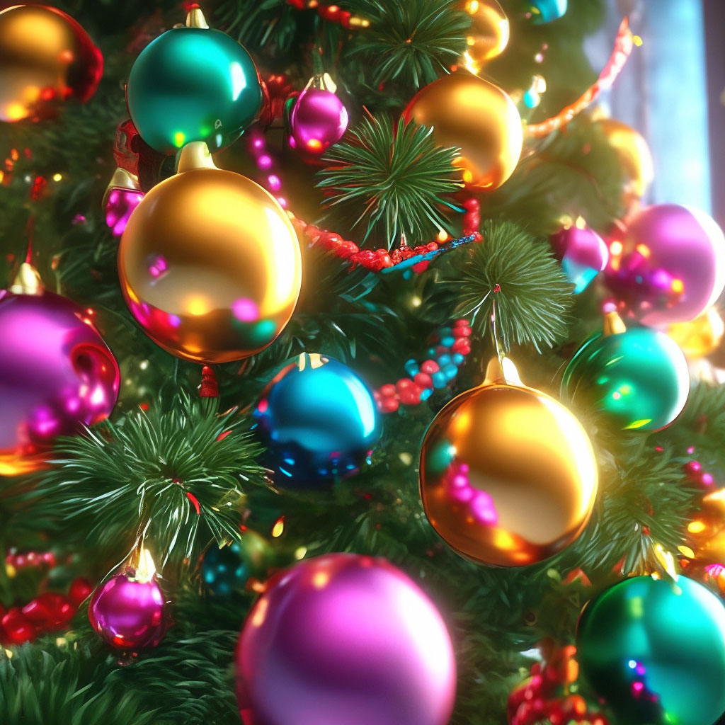 "Close-up of a Christmas tree with beautiful balloons and colorful ...