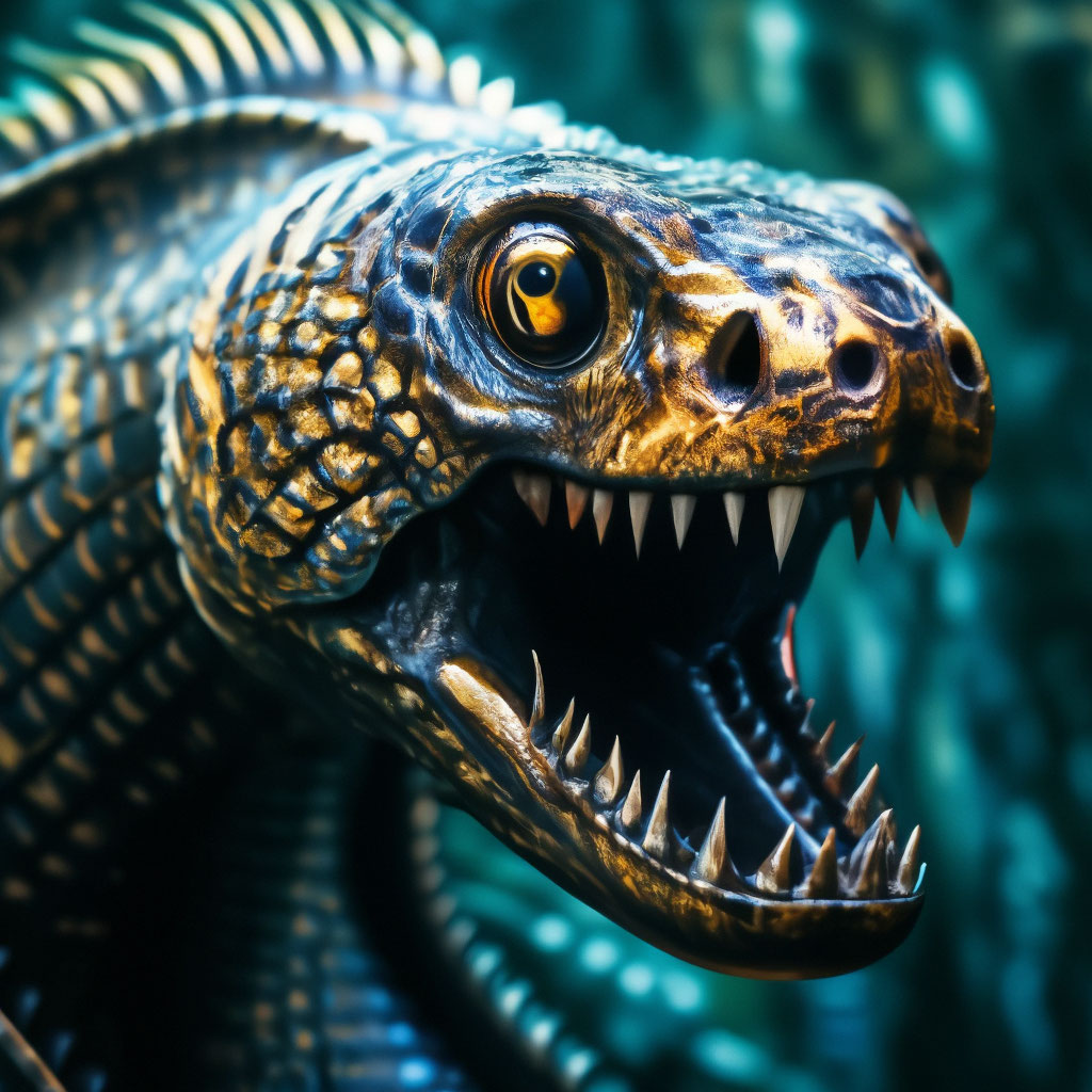 ancient moray eel fish, fully mechanical, predatory grin, detailed ...