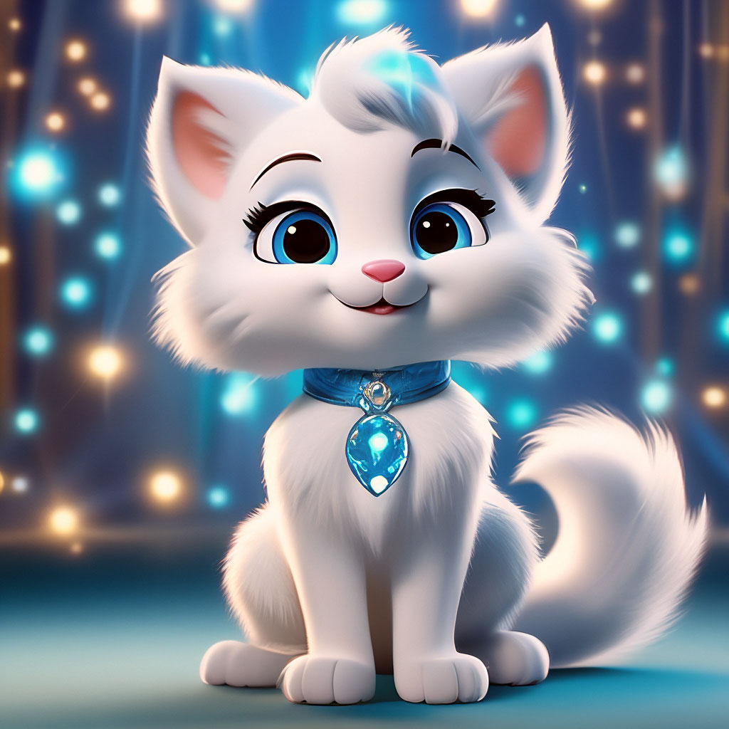"The cartoon character is a white cat with silvery fur and sparkling ...