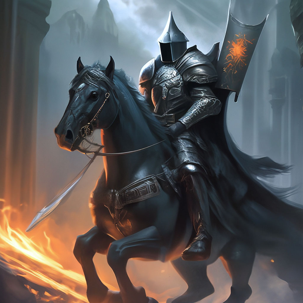 "Knight on horseback, dark Gothic style" — image created in Shedevrum